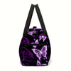 A purple duffle bag featuring a vibrant butterfly print, with black carrying straps visible.