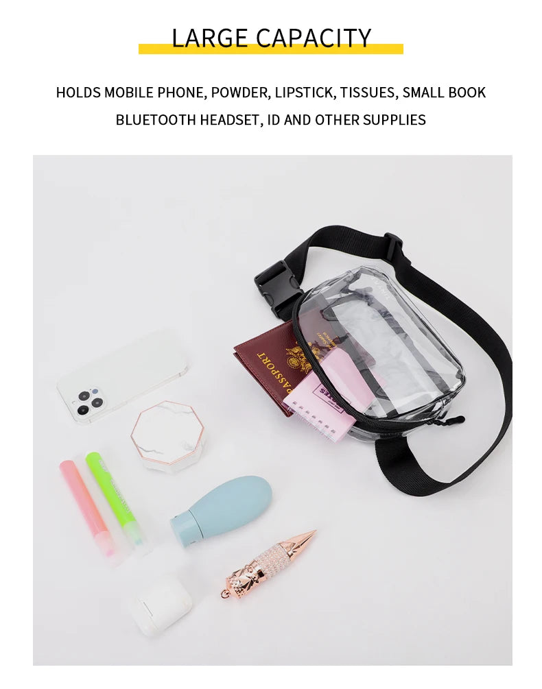 A clear PVC waist bag with an adjustable black strap is shown holding various small items like a phone, powder, and tissues.