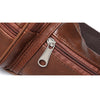 Close-up of a brown PU leather waist pack featuring a silver zipper and adjustable strap detail.