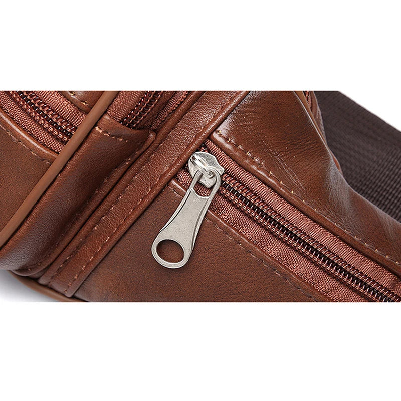 Close-up of a brown PU leather waist pack featuring a silver zipper and adjustable strap detail.