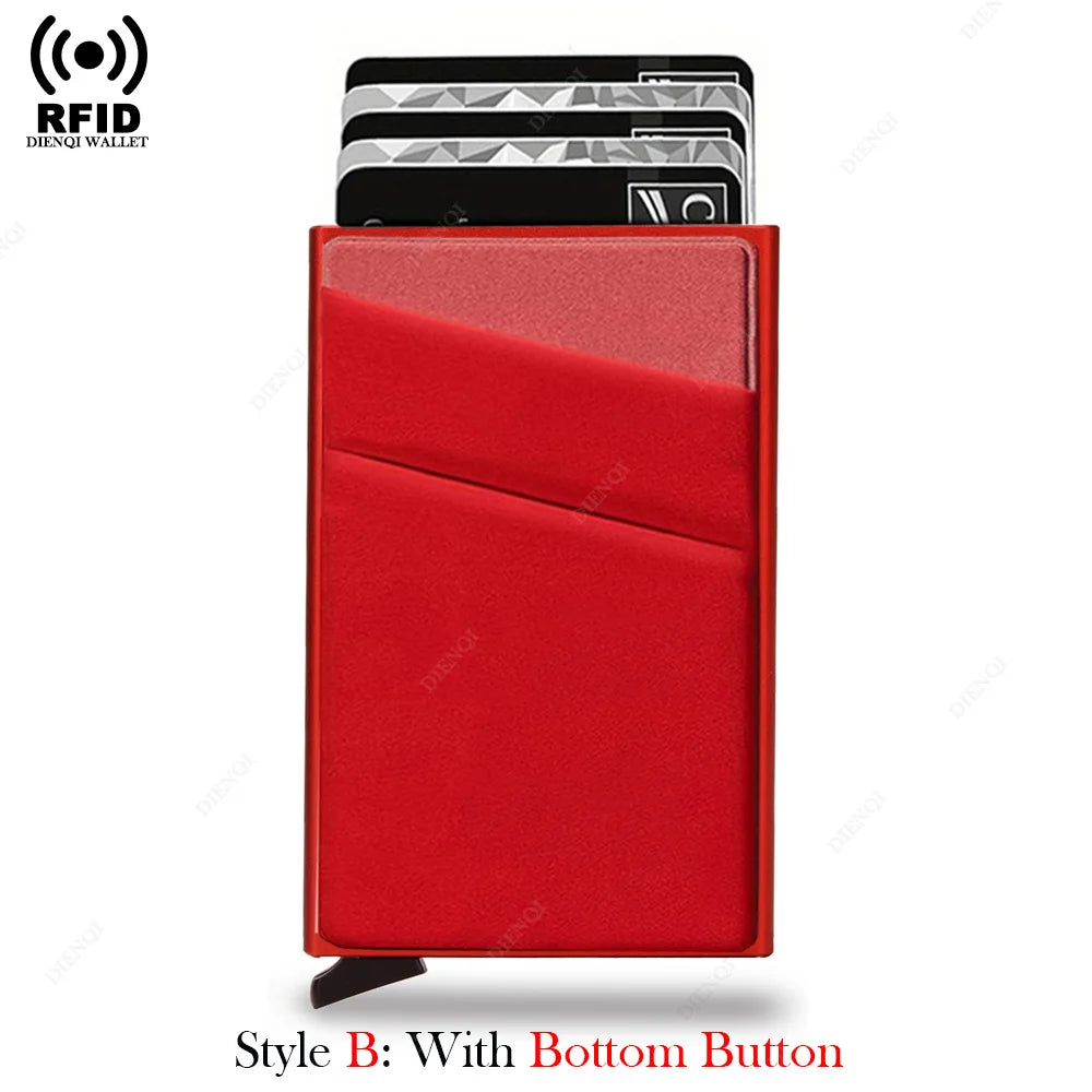 A red card holder with a bottom button featuring a slot for credit cards and an RFID blocking feature.