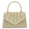 A beige metallic sequin crossbody evening bag with a gold-toned handle.