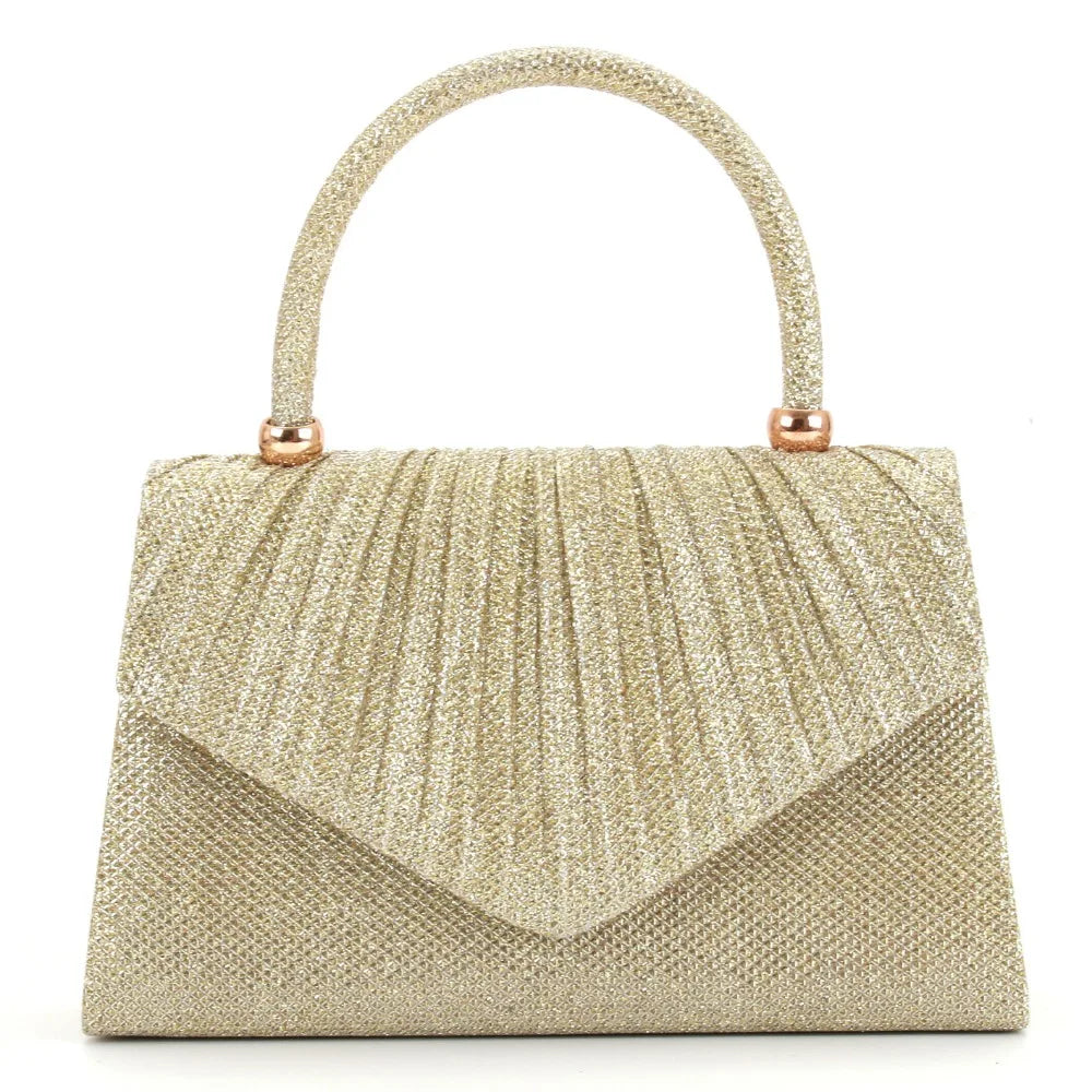 A beige metallic sequin crossbody evening bag with a gold-toned handle.