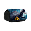 A black pencil case featuring a dark, dramatic image of a dinosaur against a blue cityscape background.