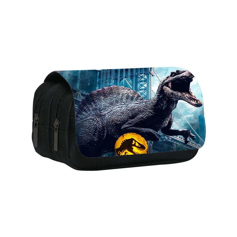 A black pencil case featuring a dark, dramatic image of a dinosaur against a blue cityscape background.