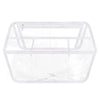 A clear plastic beach bag organizer with dividers for storing items.