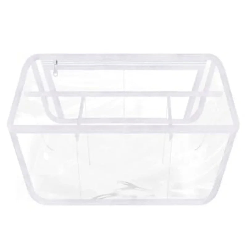 A clear plastic beach bag organizer with dividers for storing items.