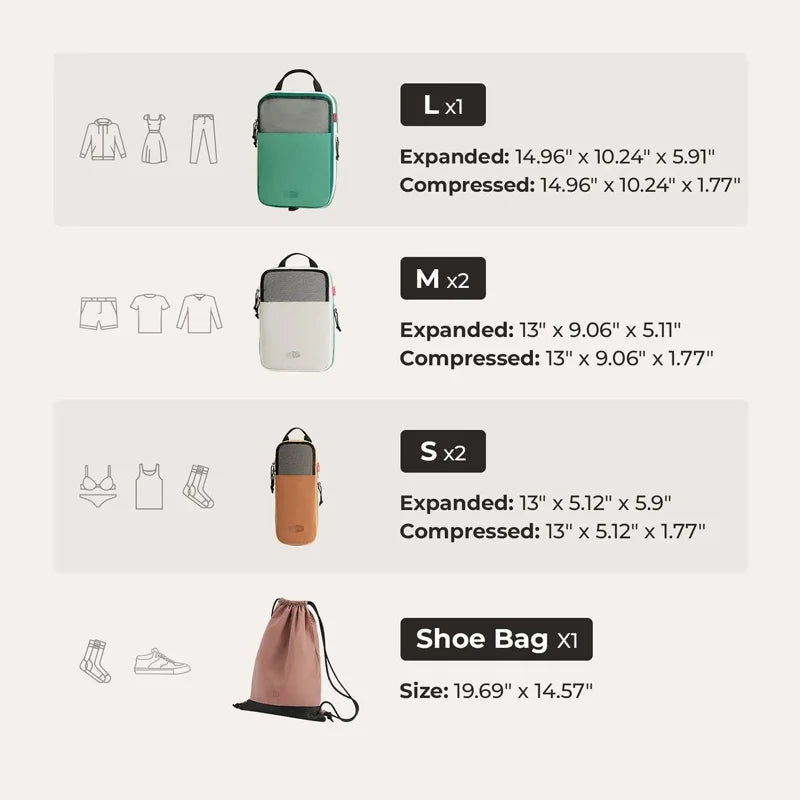 A set of six expandable compression packing cubes in various sizes and colors, including large, medium, small, and a shoe bag