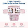 Bolsa de tocador impermeable rosa con múltiples bolsillos y acceso de boca ancha.