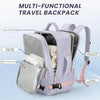 A purple multi-functional travel backpack showing various compartments including a daily clothing bag and laptop section.