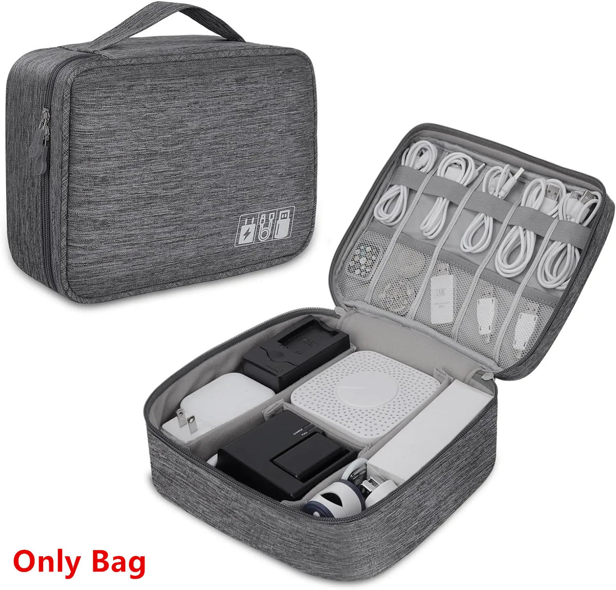 A gray leather cable storage organizer bag shown closed and open displaying various cables and accessories.