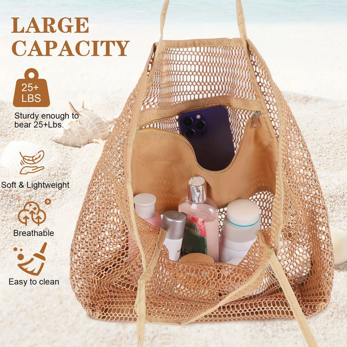 A woven mesh beach tote bag in tan color with shoulder straps, showing its large capacity and interior features.