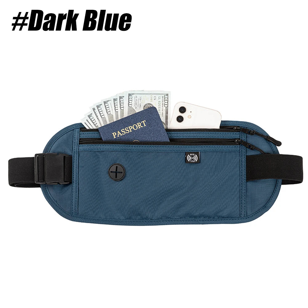 A dark blue RFID blocking anti-theft money belt is shown with a passport and credit cards inside.