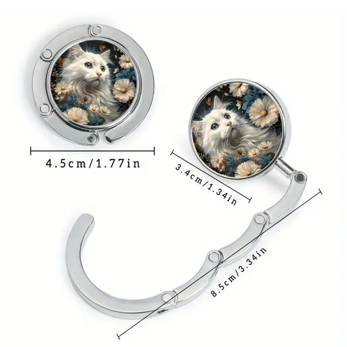 Silver bag hook with a circular frame featuring a cat face surrounded by flowers