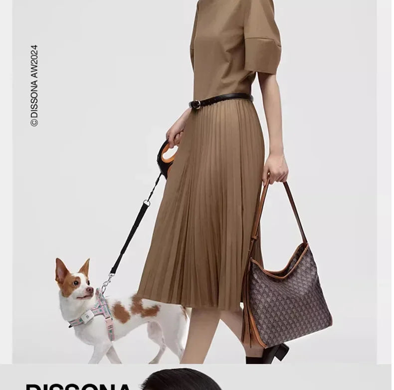 A woman wearing a beige shirt and skirt holds a brown geometric embroidery hobo shoulder bag while a dog stands beside her.