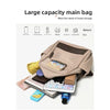 A beige large capacity main bag is shown with various travel items like an iPhone, power bank, mask, and cosmetics.