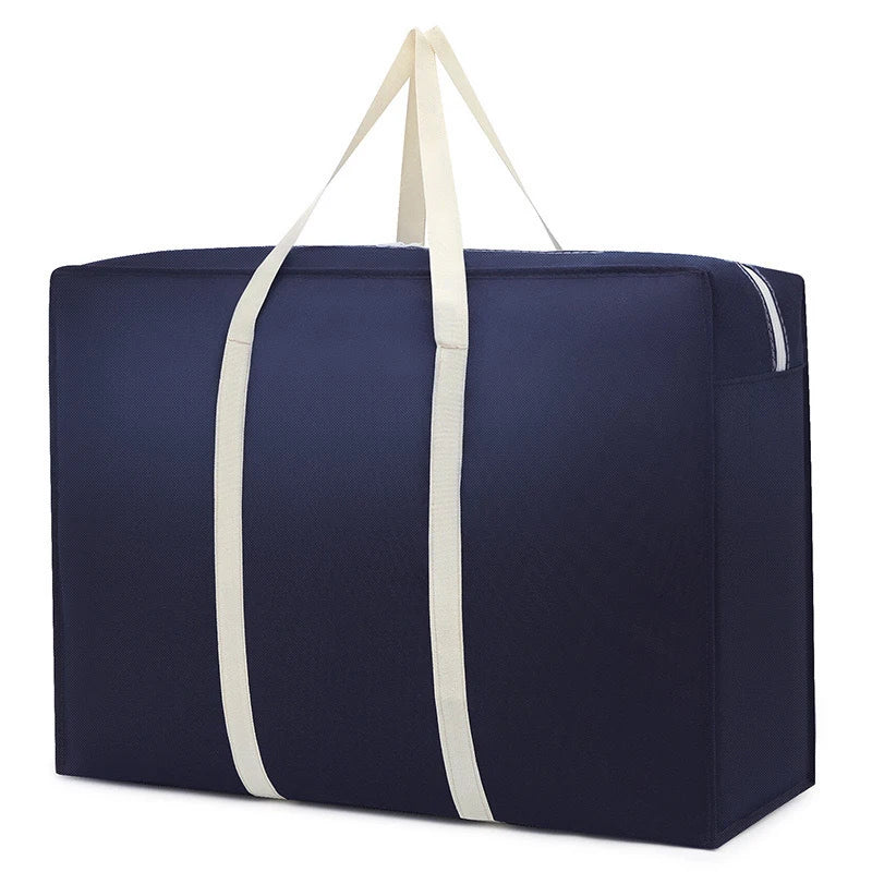 A navy blue foldable waterproof storage bag with light beige straps.