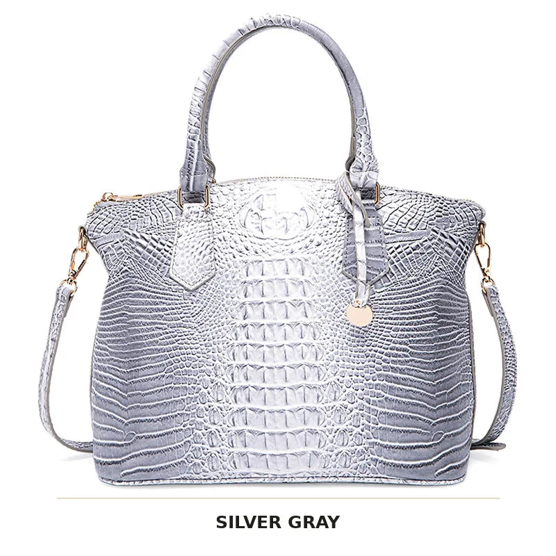 Silbergraue Alligatormuster-Top-Tasche mit Riemen und Crossbody-Strap