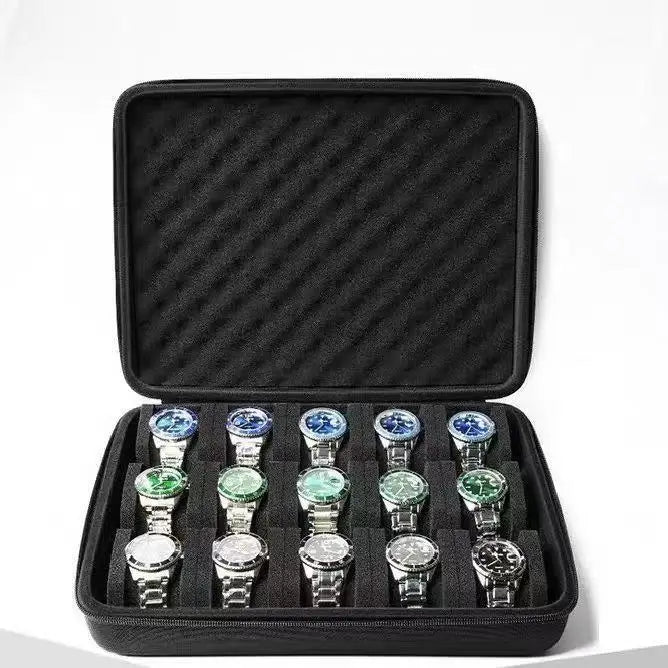 Black leather watch organizer travel case with multiple compartments for storing watches