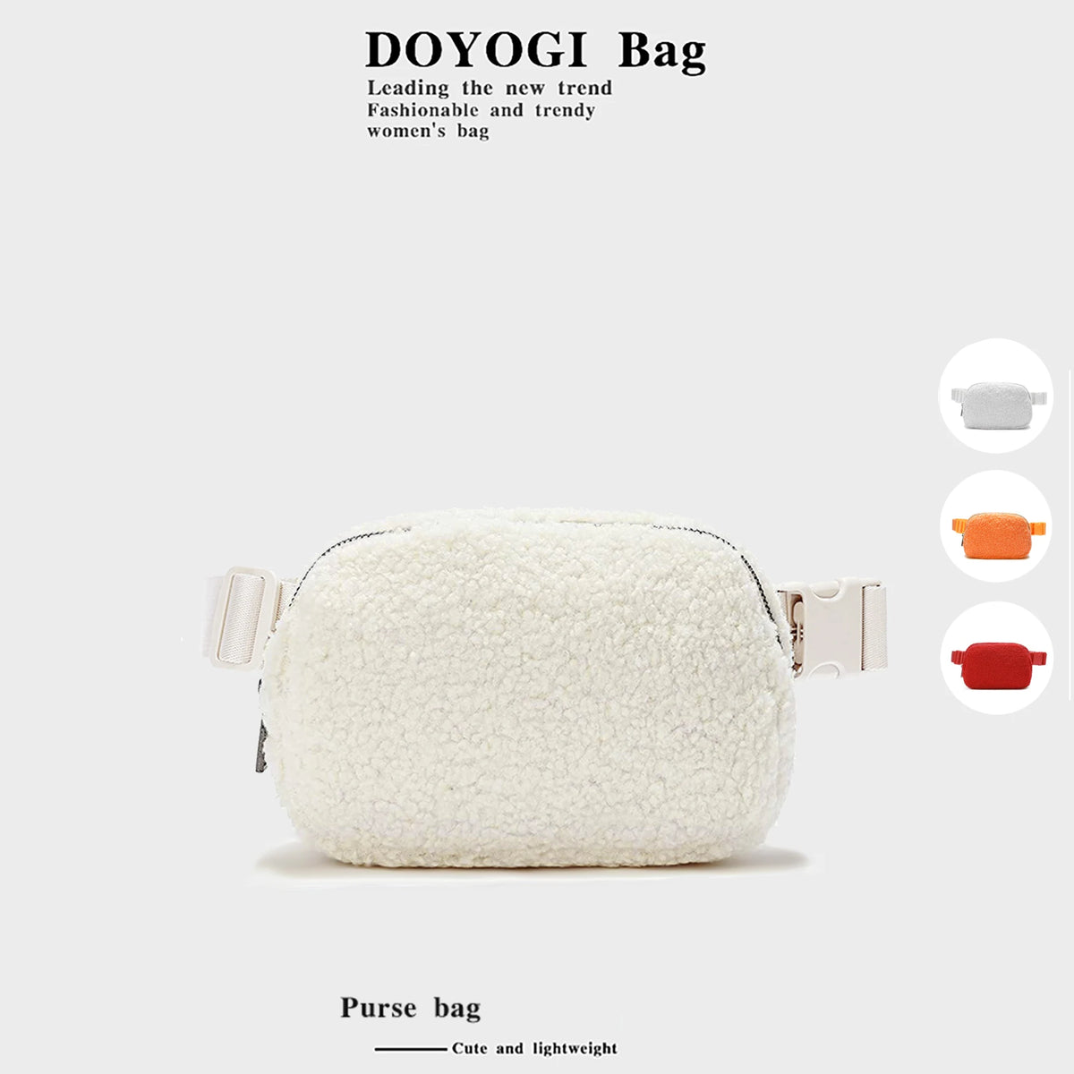 Ivory fleece crossbody belt bag shown from the front