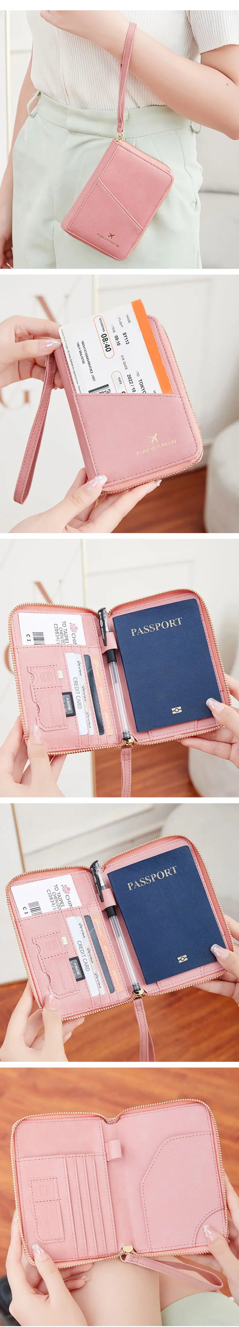 A pink RFID-blocking passport wallet shown in various angles and contexts.