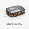A rectangular leopard print cosmetic organizer bag with a clear lid and black zipper.