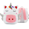 A white and pink unicorn-themed plush backpack with a rainbow horn and ears.