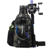 A tactical fishing gear storage chest bag with a black camouflage pattern and attached fishing rod storage.