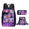 A purple and black backpack featuring KPOP Demon Hunters characters on the front and a matching pouch.