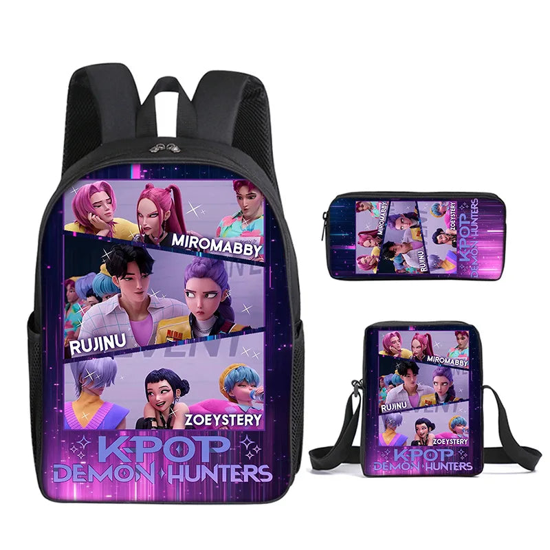 A purple and black backpack featuring KPOP Demon Hunters characters on the front and a matching pouch.