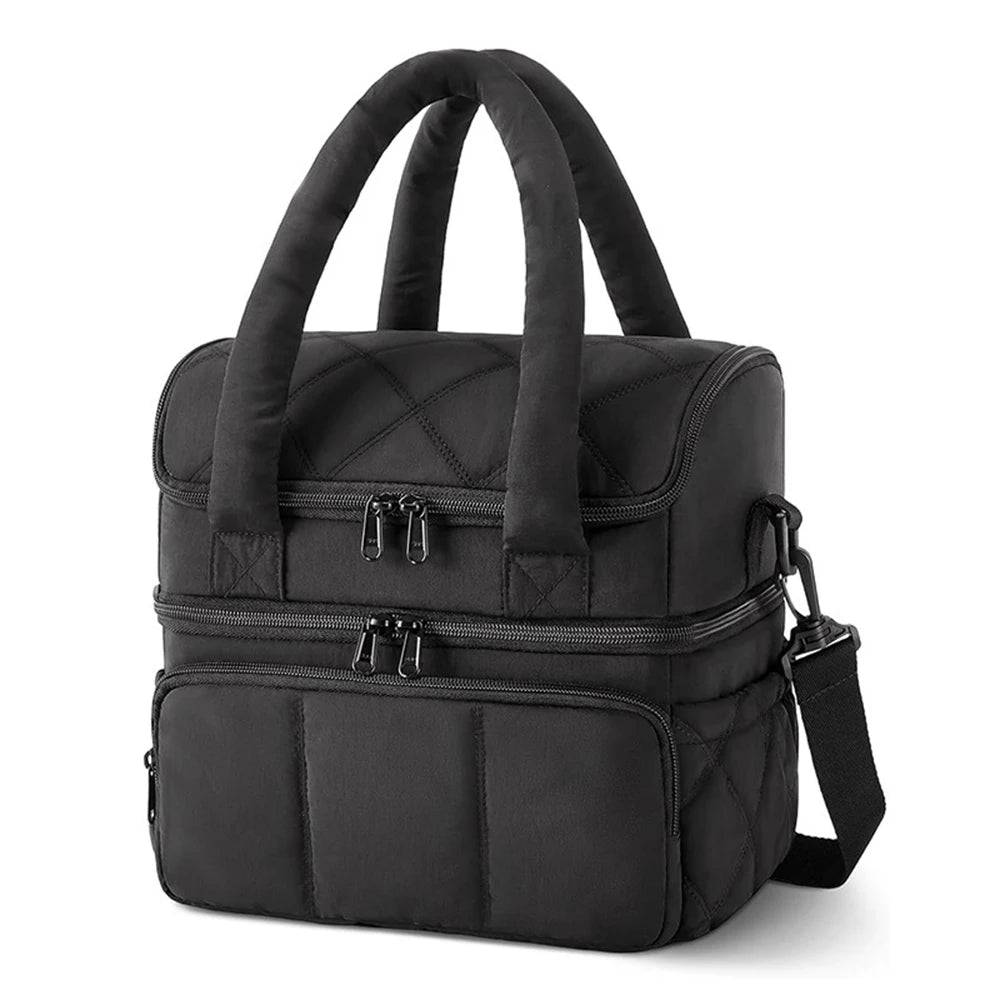 Black insulated quilted lunch bag with carrying handles