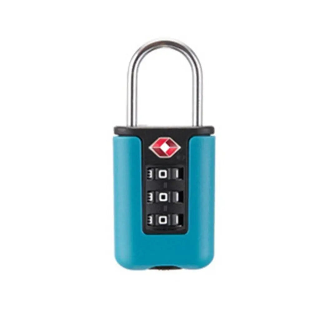 A teal combination padlock with a silver shackle and a black keypad for travel and storage.