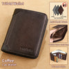 A dark brown trifold wallet made of cow leather with a protective lining and anti-theft features.