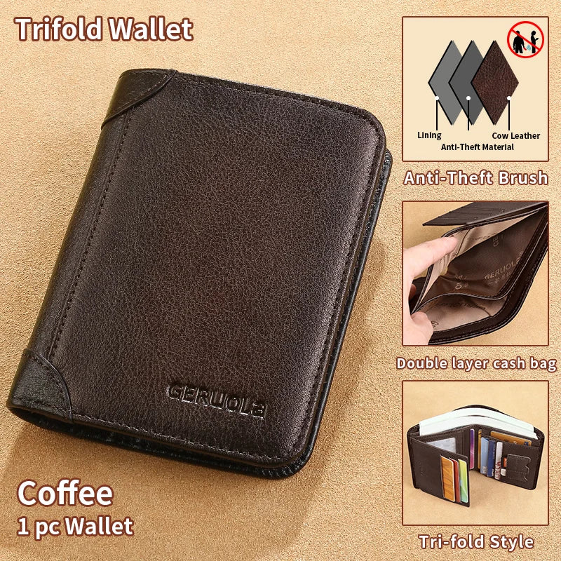 A dark brown trifold wallet made of cow leather with a protective lining and anti-theft features.
