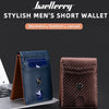 A stylish men's short wallet shown in blue and brown leather, featuring a textured design.