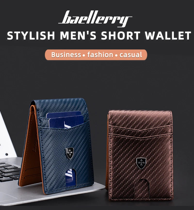 A stylish men's short wallet shown in blue and brown leather, featuring a textured design.