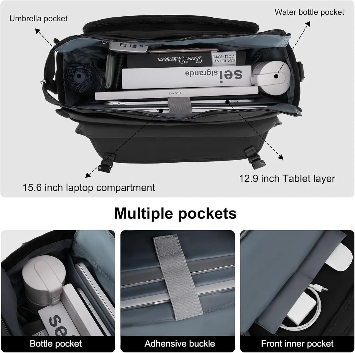 Housse d'ordinateur portable gris foncé avec plusieurs poches, incluant une poche pour bouteille, une boucle adhésive et une 