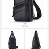 Black genuine leather men's crossbody messenger bag shown from the front, back, side, and bottom views.