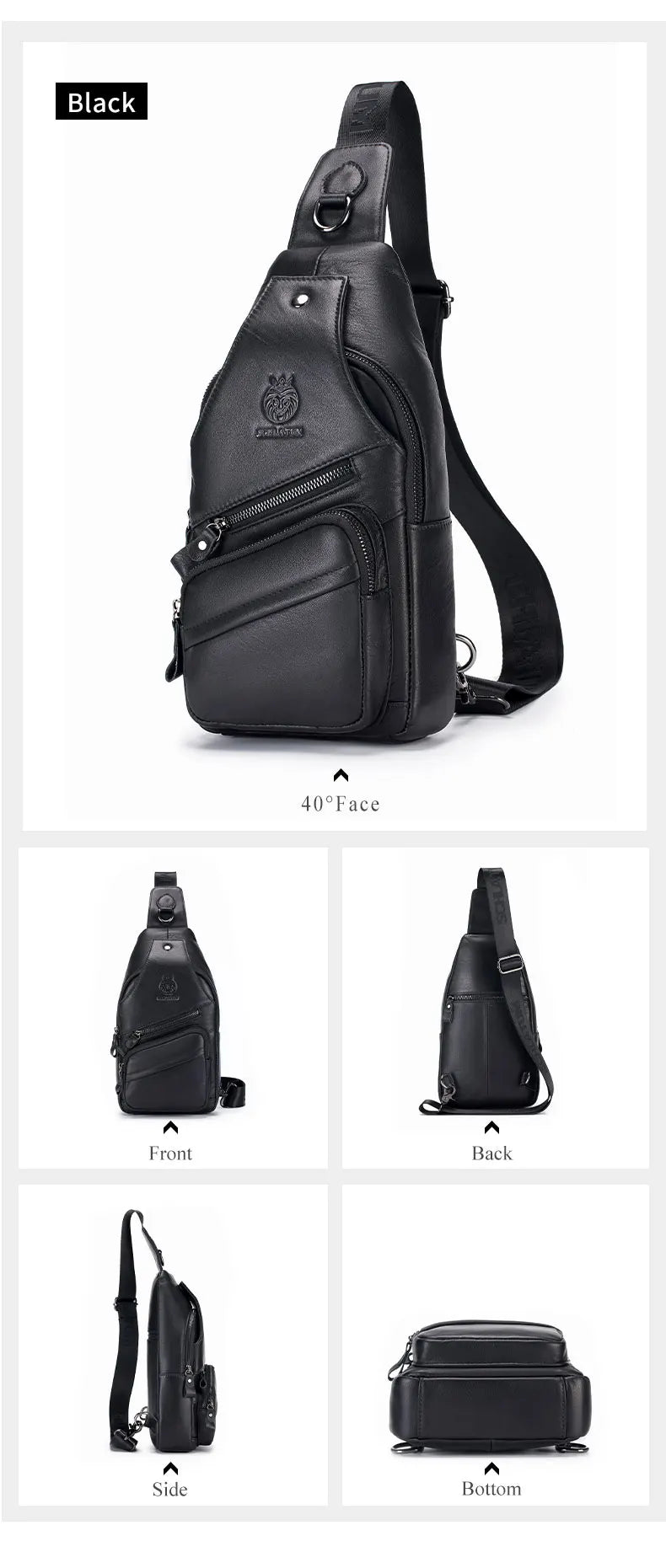 Black genuine leather men's crossbody messenger bag shown from the front, back, side, and bottom views.