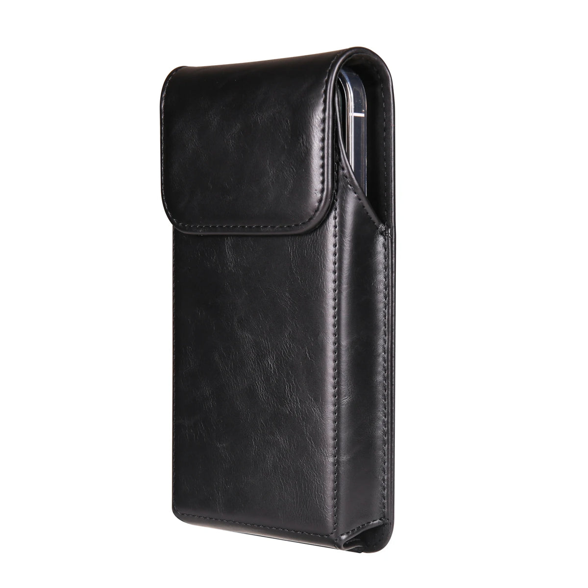 Black leather belt loop phone case for iPhone shown vertically
