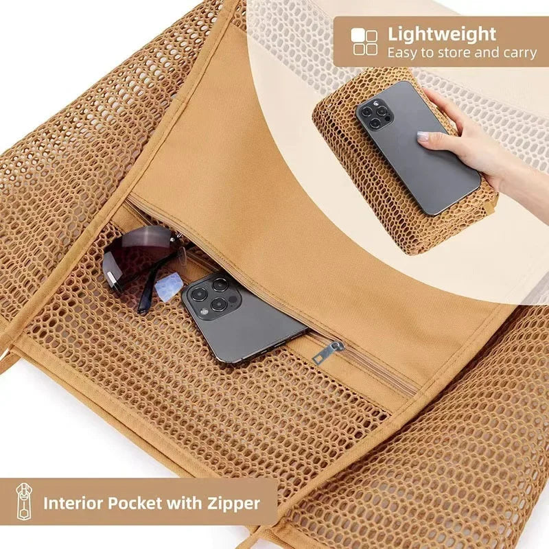 A tan woven mesh tote bag with a zipper pocket is shown holding a smartphone and sunglasses.