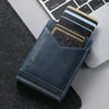 A dark blue PU leather card holder with a textured design and a credit card inside, resting on a gray surface.