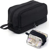 Black multifunctional pencil case with a zipper and an attached clear plastic pouch for pens and pencils.