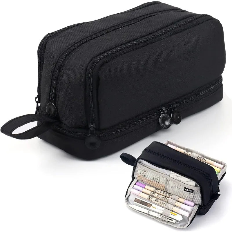 Black multifunctional pencil case with a zipper and an attached clear plastic pouch for pens and pencils.
