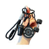 A hand holds a fitness keychain featuring a dumbbell and kettlebell charm attached to a black cord.