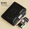 Black retro style three fold leather wallet with a zipper and cards displayed on a beige surface