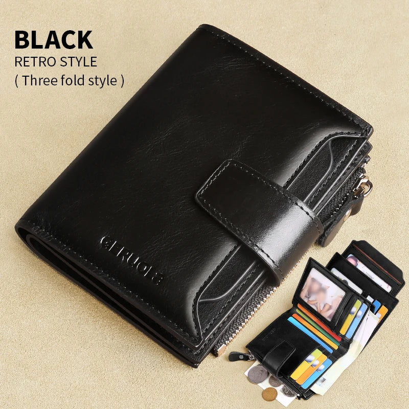 Black retro style three fold leather wallet with a zipper and cards displayed on a beige surface