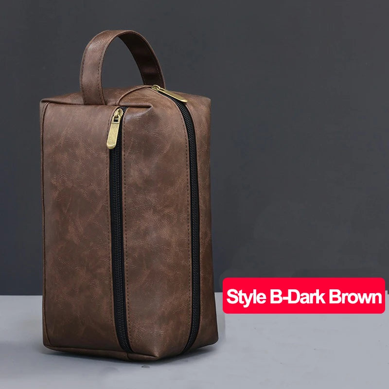 A dark brown waterproof PU leather travel toiletry bag with a zipper on a gray background.