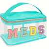 A clear toiletry bag with a teal lid and pink, yellow, and purple embroidered letters spelling out MEDS