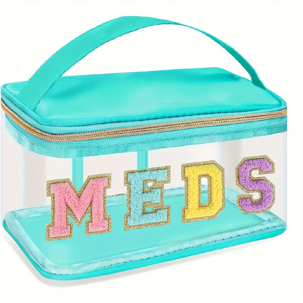 A clear toiletry bag with a teal lid and pink, yellow, and purple embroidered letters spelling out MEDS